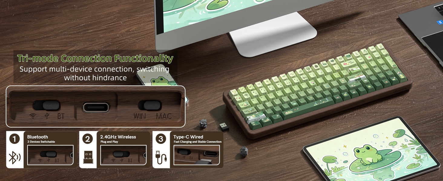 98% Wood Creamy Keyboard with Number Pad, Wireless Frog Keyboard Mechanical Gaming Keyboard