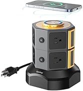 SUPERDANNY Power Strip Tower with 15W Wireless Charger, 6.5Ft Retractable Extension Cord, 1050J S...