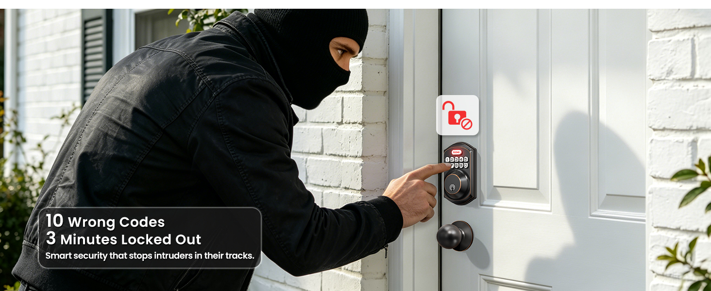 Wrong password lockout – 10 incorrect attempts locks the keypad for 3 minutes.