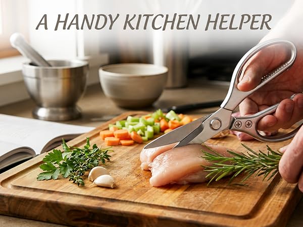 Multi-purpose kitchen shears chopping poultry and veggies