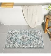 Uphome Blue Bathroom Rugs, Distressed Farmhouse Boho Bath Mat, Comfy Velvet Small Bath Rugs Non S...