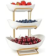 3 Tier Fruit Bowl for Kitchen Counter, Ceramic Fruit Basket with Metal Stand for Countertop, Serv...