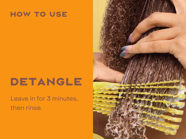 Image of a woman's hand combing wet curly hair, next to detangling instructions.