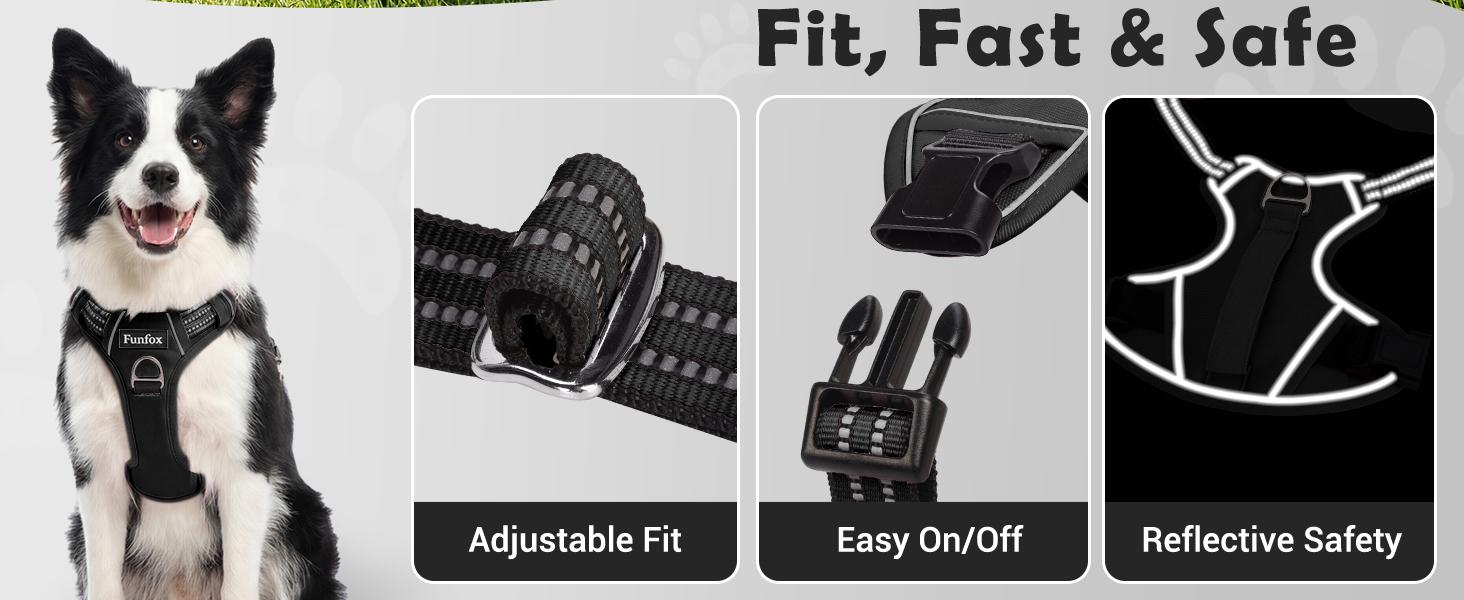 Text reads 'Fit, Fast &amp; Safe.' Product features diagram showing 'Adjustable Fit,' 'Easy On/Off,' and 'Reflective Safety' with illustrated icons.