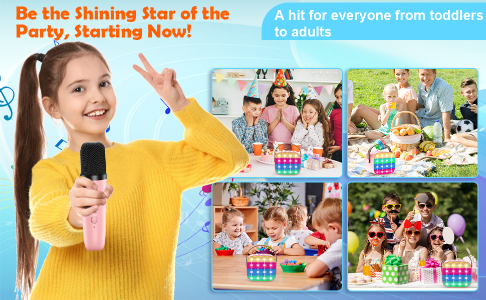 Kids Karaoke Machine Portable Bluetooth Speaker with 2 Wireless Microphones