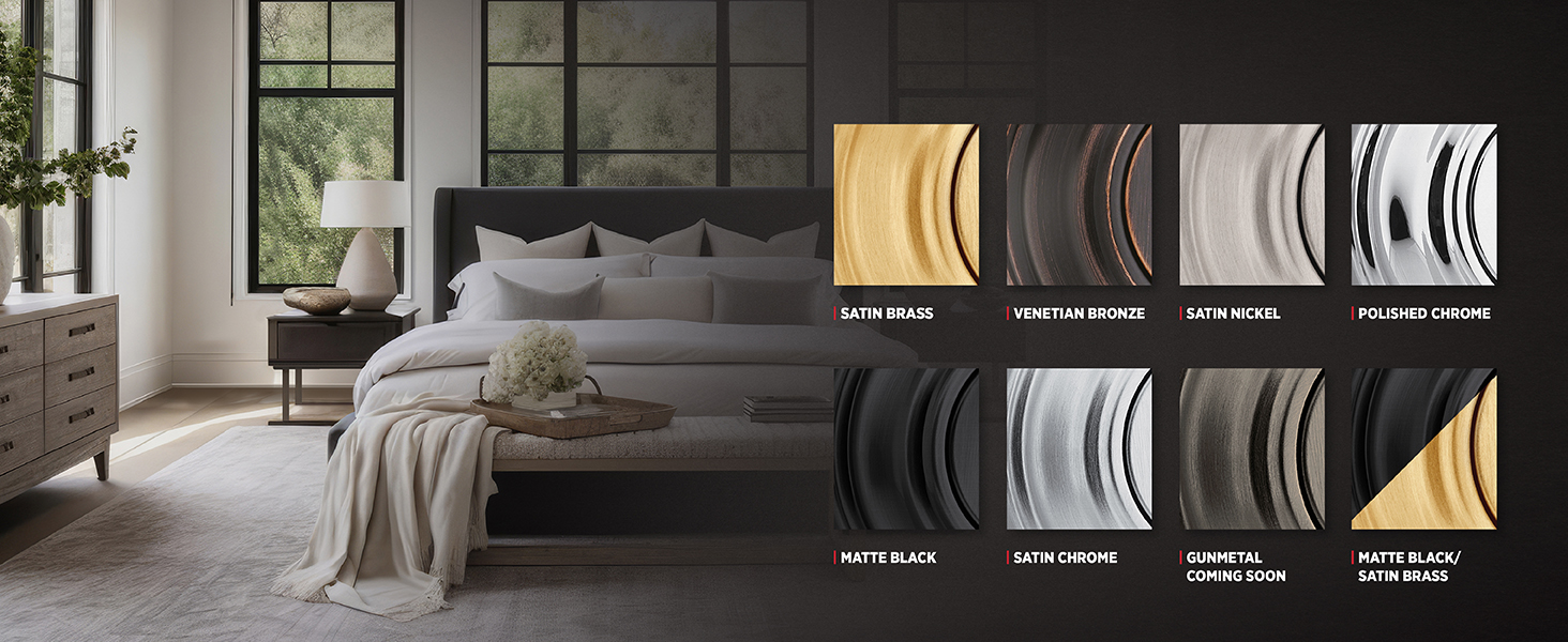 Swatches of 8 finishes including variants of brass, chrome, bronze, nickel, black, and gunmetal.