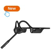 Black wireless headset with microphone and ear hook design. Features a slim profile and appears to be a communication device.