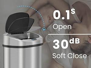 iTouchless sensor trash can with fast-open, silent soft-close lid
