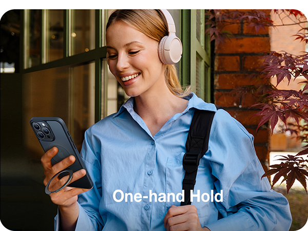 A person using a smartphone with one hand while wearing white headphones. Text overlay reads 'One-hand Hold'.