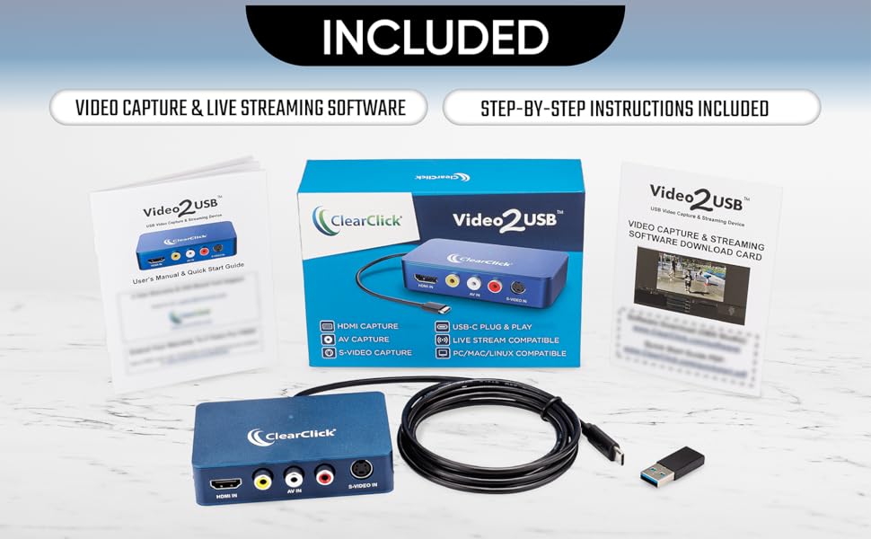Included: USB Video Capture &amp; Live Streaming Device, Software, Instructions