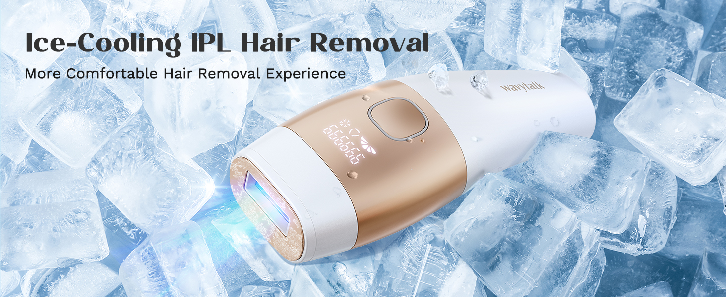 Ice-cooling IPL hair removal device with gold and white design, surrounded by ice cubes. Blue light emitting from device head. Text indicates comfortable hair removal experience.