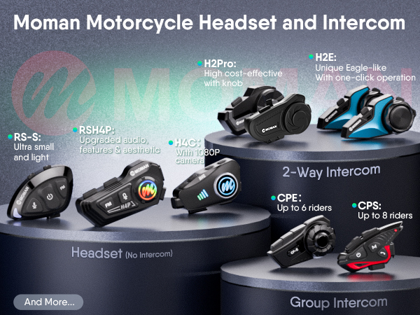 Collection of motorcycle communication devices showing various headset and intercom models with technical specifications and features displayed.