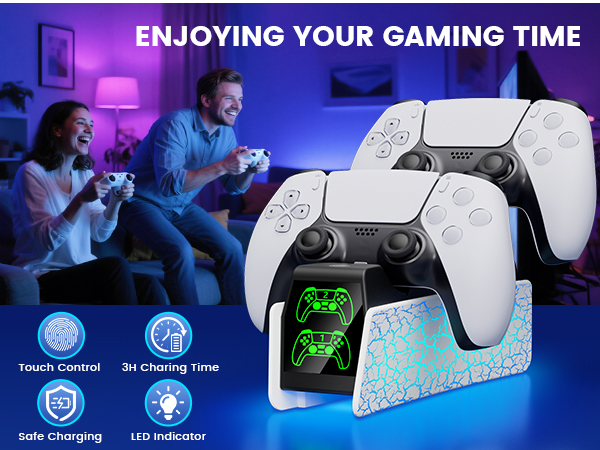 Text reads: 'ENJOYING YOUR GAMING TIME', 'Touch Control', '3D Charging Tank', 'Safe charging', 'LED Indicator'. PlayStation 5 controllers on illuminated charging dock with blue ambient lighting.