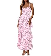 Fisoew Womens Floral Maxi Dresses Spaghetti Strap Casual Sleeveless Ruffle Flowy Tiered Dress