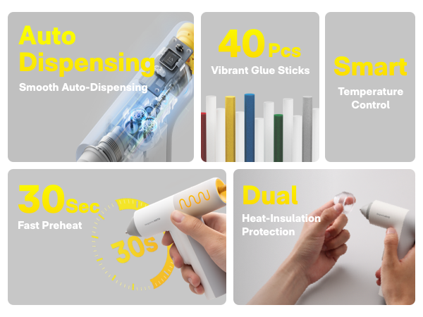 White cylindrical glue gun with technical specifications showing dimensions of 5.3