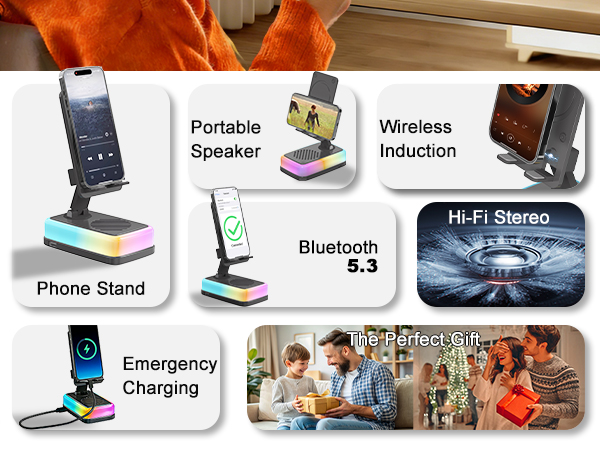 Induction bluetooth speaker for iphone with emergency USB charging port and 3000mAh power support.