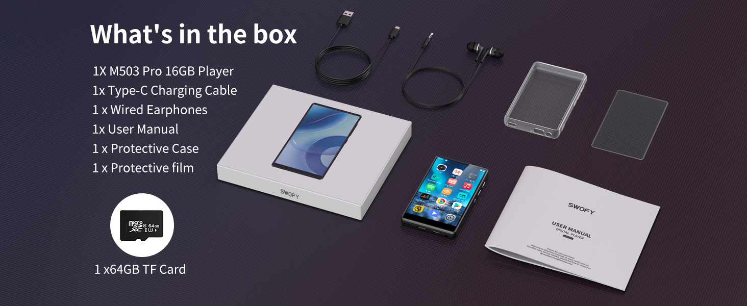 MP3 player package contents: device, USB-C cable, wired earphones, user manual, protective case, screen protector, and 64GB TF card.