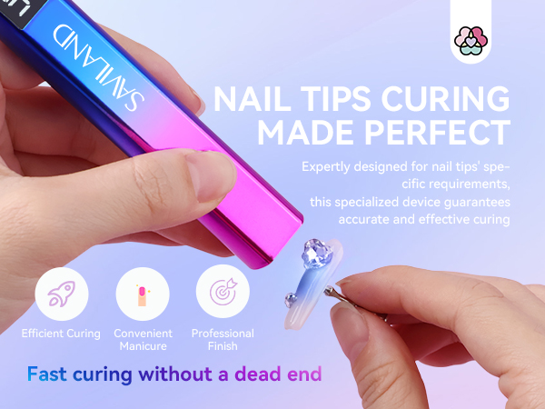 Blue nail curing device being used on artificial nail tips, with icons showing features for efficient curing, convenient workspace, and professional finish.
