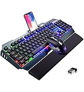 Wireless Keyboard and Mouse Combo,Rainbow Backlit Gaming Keyboard with Memory Foam Keyboard Wrist...
