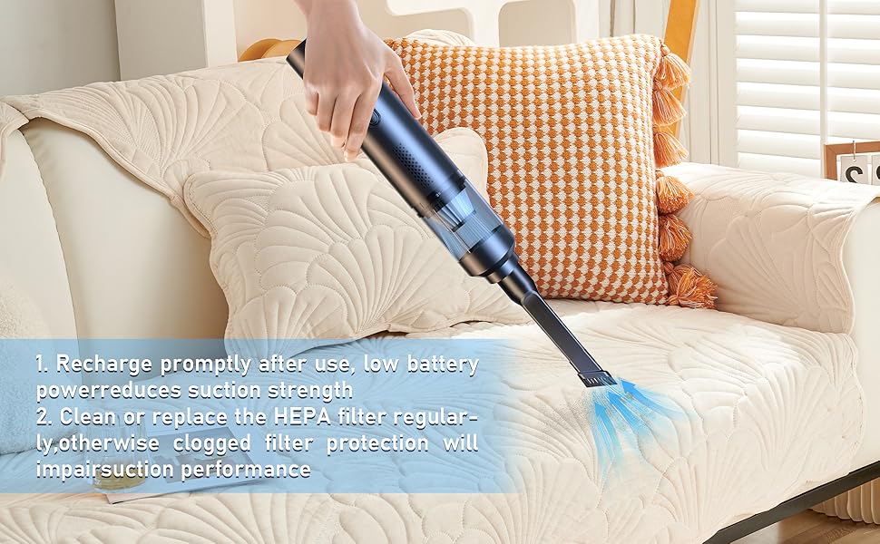 Handheld vacuum cleaning a living room sofa while showing tips for regular filter cleaning
