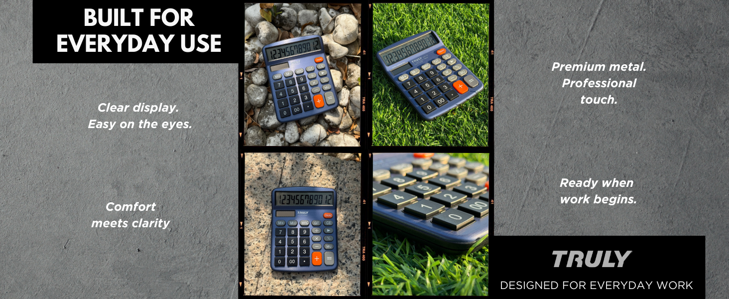 Dark blue desktop calculator with premium metal finish, easy to read display, comfortable keys