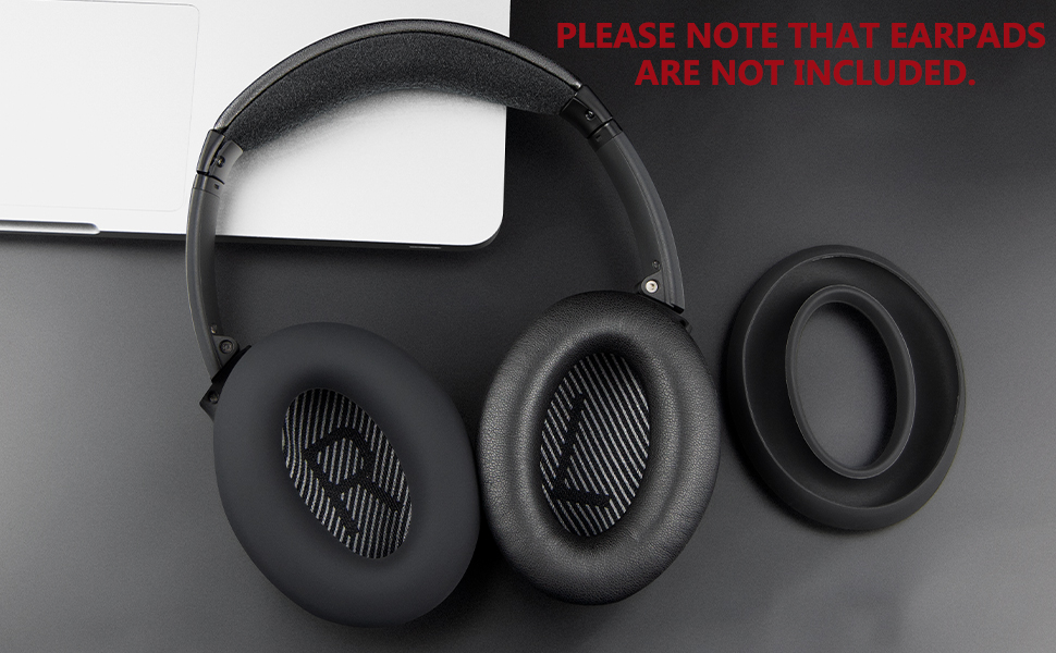 Text reads 'PLEASE NOTE THAT EARPADS ARE NOT INCLUDED'. Close-up images of black headphone ear cushions or pads shown from multiple angles.