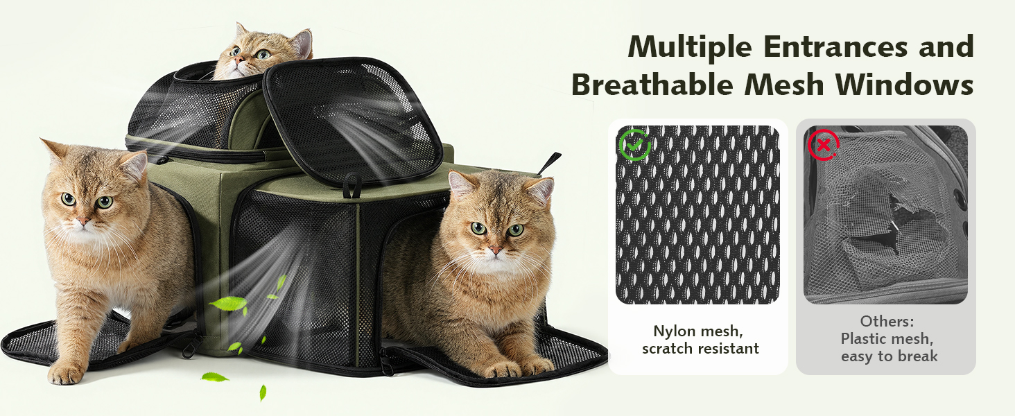 Text reads 'Multiple Purposes and Breathable Mesh Windows'. Product images showing cat enclosures with mesh panels and various views of cats using the product.