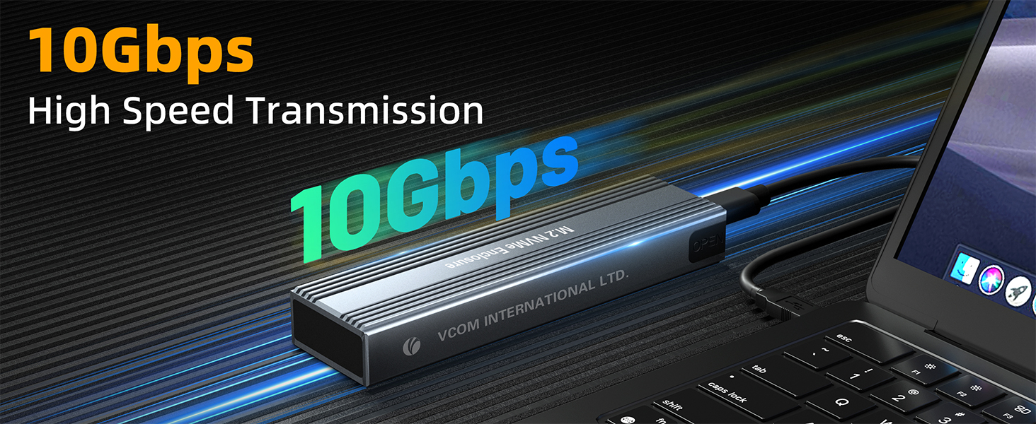 High-speed network adapter connected to laptop, offering 10Gbps transmission speed. Sleek black device with blue light, emphasizing fast data transfer capabilities.