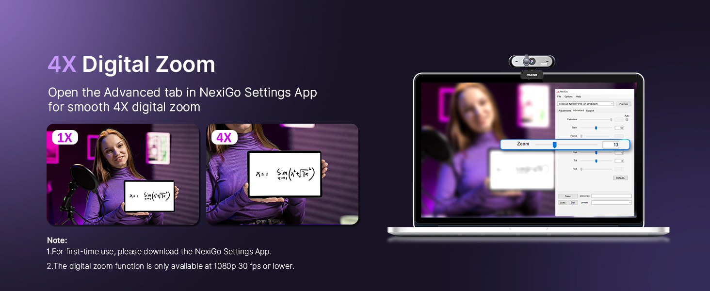 4X zoom enabled via the NexiGo Webcam App