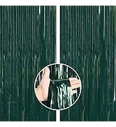 PartyWoo Retro Green Foil Fringe Curtain,2 pcs 3.3x6.6 ft Dark Green Streamers, Fringe Backdrop, ...