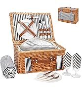 Wicker Picnic Basket for 2, Willow Hamper Basket with Large Insulated Cooler Compartment, Picnic ...
