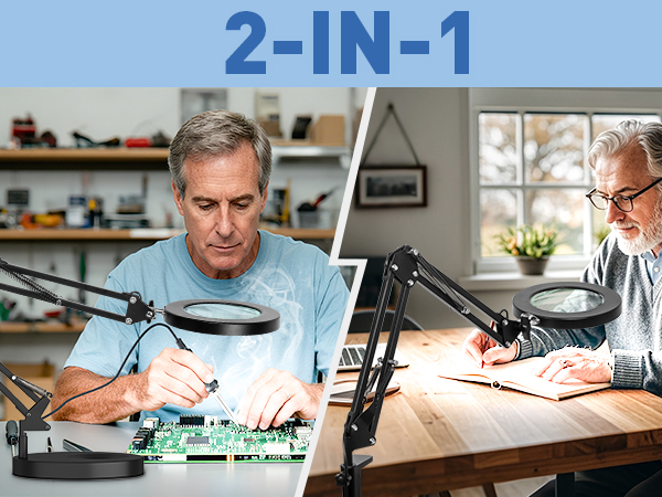 2-in-1 base and clamp magnifying lamp magnifier with light magnifying glasses with light