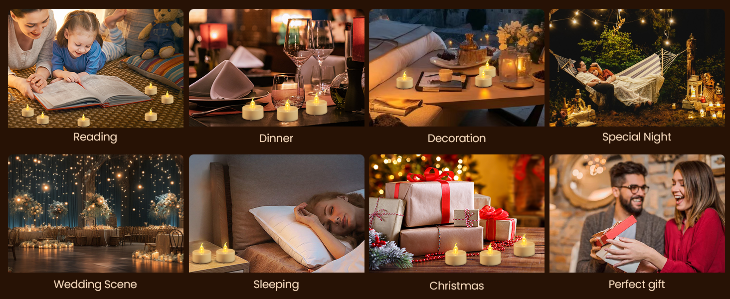 Grid of eight holiday-themed photographs showing various seasonal activities, gift-giving scenes, and decorative elements in warm lighting.