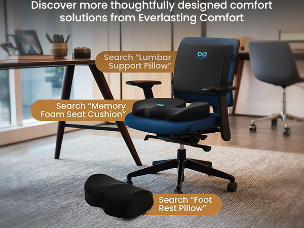 Everlasting Comfort ergonomic chair and footrest products in an office setting.