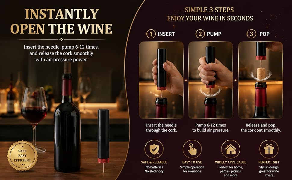 Air Pressure Wine Opener, Manual Pneumatic Wine Cork Remover, 3 Steps Effortless Wine Bottle Opener
