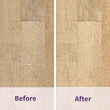 Before and after image after using Rejuvenate All Floor Cleaner on hardwood floors