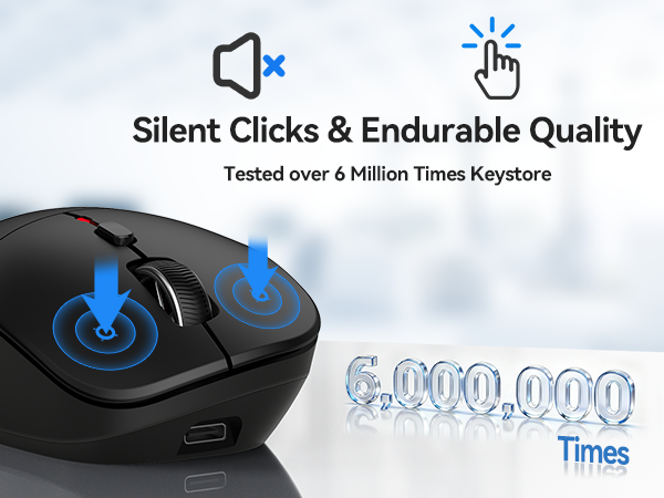 Text reads 'Silent Clicks &amp; Endurable Quality' and 'Tested over 6 Million Times Keystone'. Marketing images showing computer mouse features with blue circular indicators.