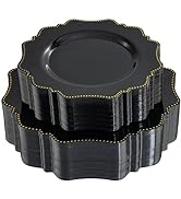 COLOSUS 100pcs Black Disposable plastic plates set, Gold Rim Black Color Dessert plates and Dinne...