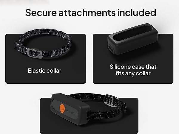 Text reads 'Secure attachments included' and 'fits any collar'. Product shows a black collar attachment device with multiple views demonstrating its secure fastening mechanism.