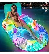 iGeeKid Inflatable Pool Floats Adults, Light Up Pool Floats with Backrest &amp; Cup Holders, Large Ta...