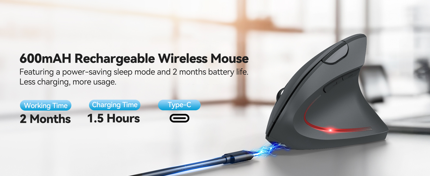 Text reads '600mAH Rechargeable Wireless Mouse' and '2 Months 1.5 Hours'. Wireless computer mouse with charging indicator showing battery life duration and charging time specifications.