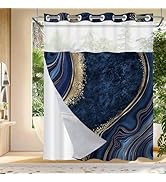 No Hook Shower Curtain with Snap in Liner, Navy Blue Marble Shower Curtain, Fabric Waterproof Inn...