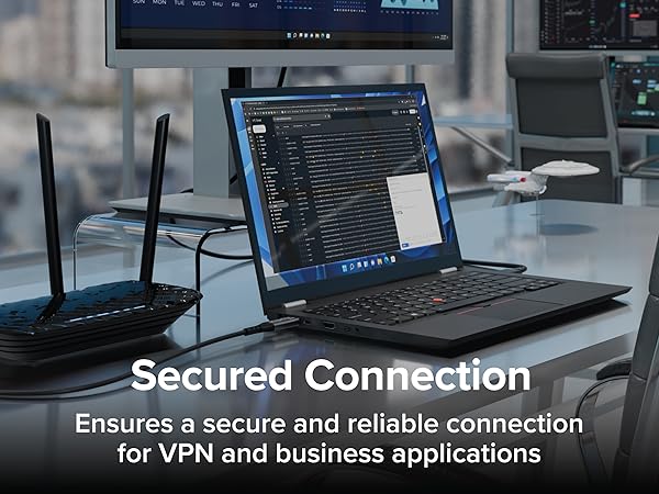 Ethernet switch connected to a tablet with a high speed Ethernet cable for secure VPN access