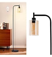 DLLT Floor Lamp Tall for Room: Black Standing Lamp with Amber Glass Lampshade for Living Room - M...