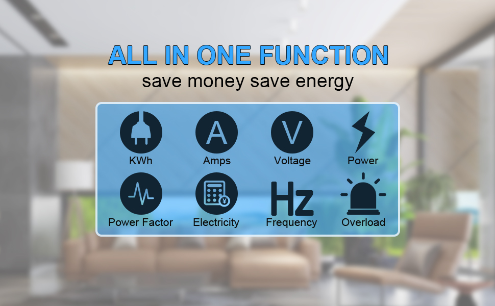 Digital display showing 'ALL IN ONE FUNCTION' with icons for various electrical measurements including KWh, Amps, Voltage, Power, and Frequency.
