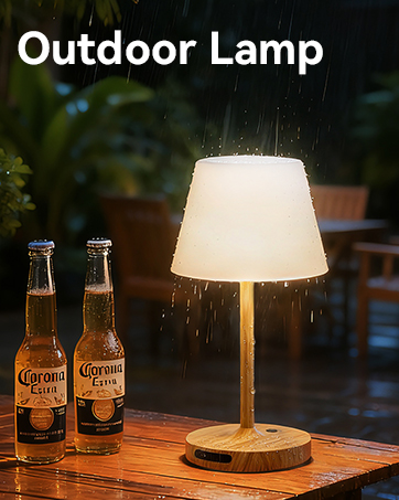 Text reads 'Outdoor Lamp'. Illuminated cone-shaped lamp with warm glow on wooden table at dusk with beer bottles beside it, demonstrating outdoor ambient lighting.