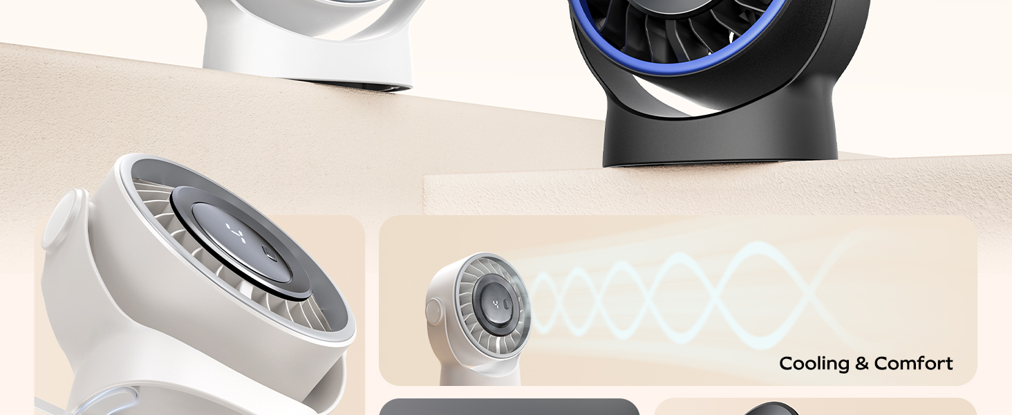 Text reads 'Cooling &amp; Comfort'. Multiple views of a white electronic device with fan or ventilation features.