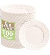 U-QE 100 Count 6 Inch Ivory Plastic Plates - Scalloped Dessert Plates Disposable - Premium Hard F...