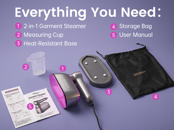 Everything You Need: Steamer, Measuring Cup, Heat-Resistant Base, Storage Bag &amp;amp; User Manual.