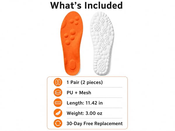 1 pair orange PU shoe insoles with PU mesh construction, 11.42 in length, 3 oz weight